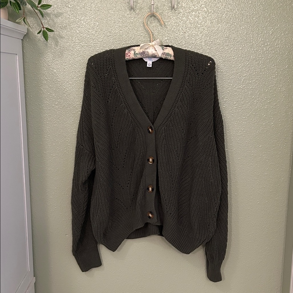 Time and Tru Olive Green Button-Up Knit Cardigan